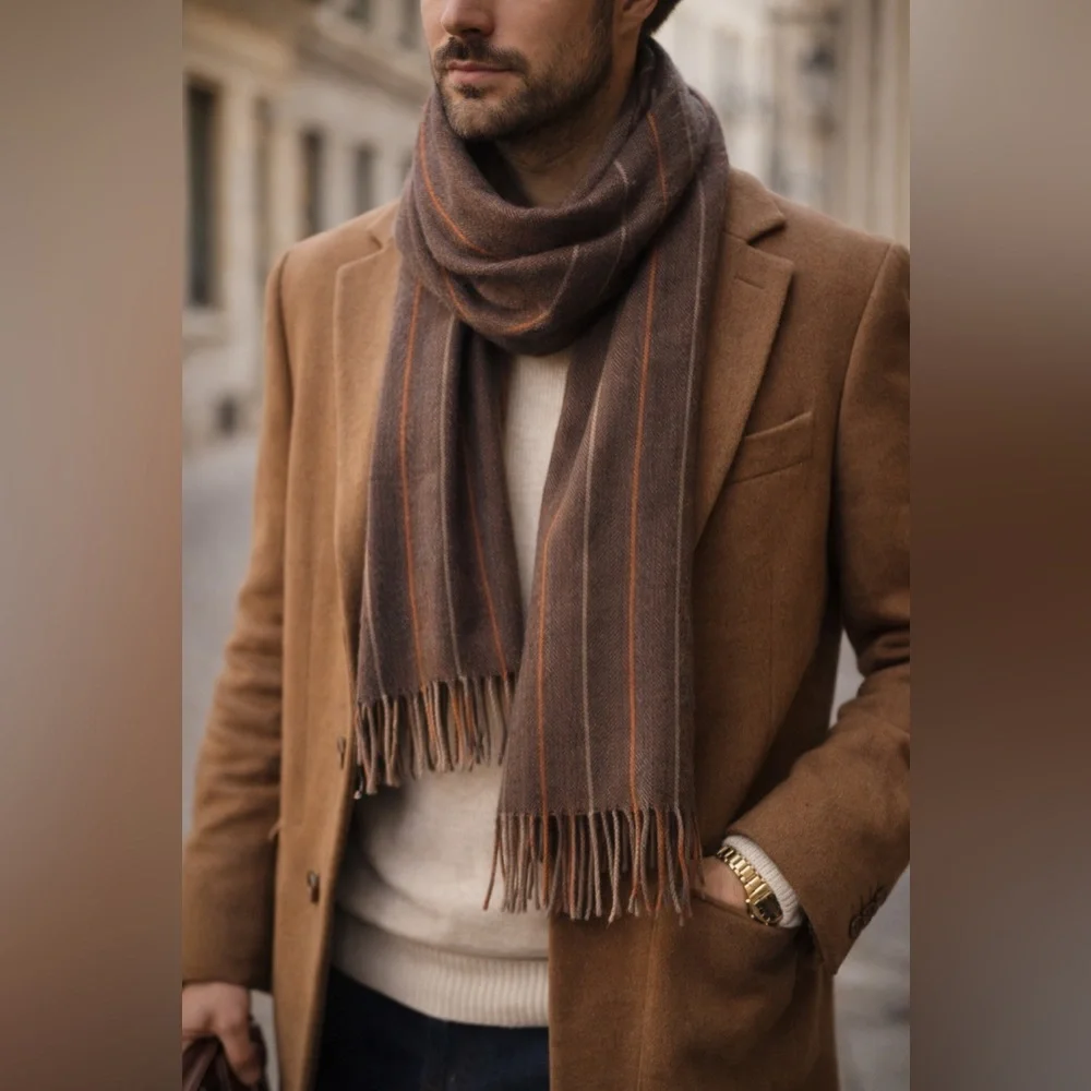 Club Room 100% Cashmere Brown Striped Scarf Fringe Luxury Soft Winter Wrap
